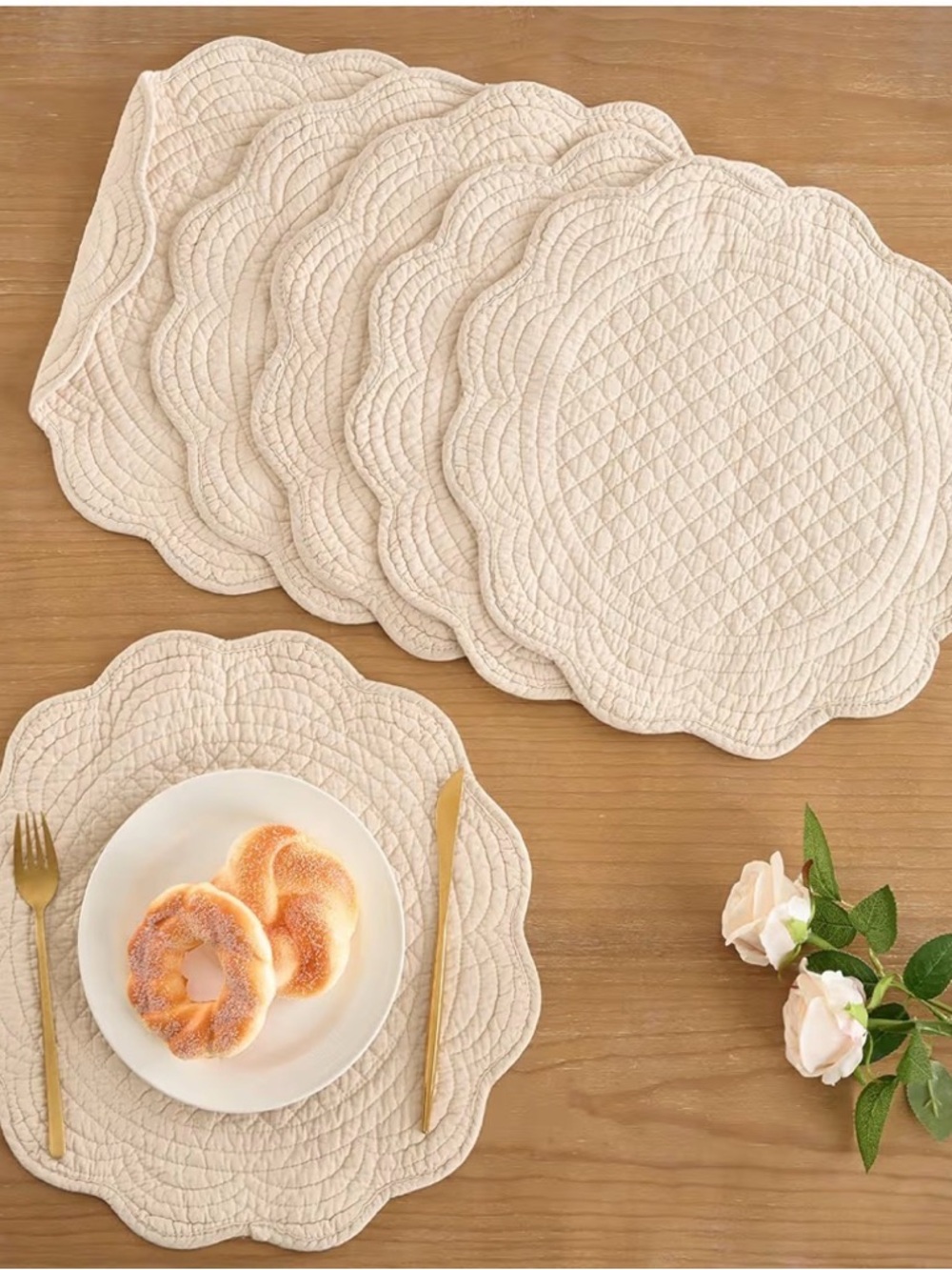 Scalloped Quilted Placemat Set in Cream — Elegant Dining Table Linens
